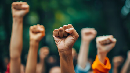 A group of workers clench their fists upwards. International Labor Day concept background. Generative ai
