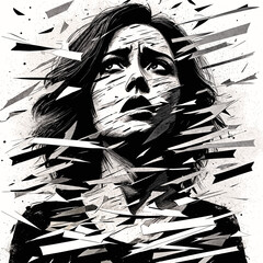A black and white illustration of a woman with her head surrounded by abstract shapes that resemble shards of glass or metal.