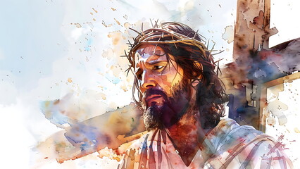 Jesus carries his cross, watercolor style on white background. generative ai - obrazy, fototapety, plakaty