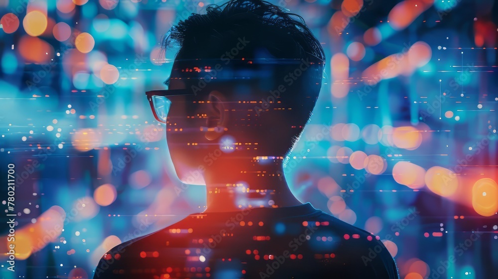 Aufkleber a man with glasses is looking at a blurry image of himself. the image is made up of many small dots,