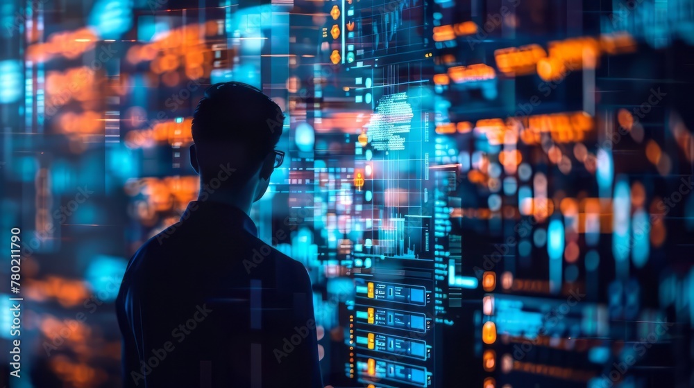 Aufkleber a man is looking at a computer screen with a lot of numbers and lines. concept of complexity and con