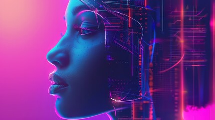 A woman's face is shown in a futuristic cityscape. The image is a representation of the future, with a woman's face as the focal point. The cityscape is filled with bright colors and a sense of energy