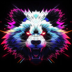 1980s Style Retro Growling Panda Bear Face Fluorescent Gaming Icon Isolated on a Black Background