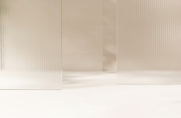 Three layers of clean fluted reeded glass in dappled sunlight, tree leaf shadow on white floor for...