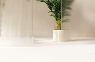 Fresh beautiful green tropical palm tree behind transparent fluted reeded glass in sunlight for...