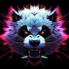 1980s Style Retro Growling Panda Bear Face Fluorescent Gaming Icon Isolated on a Black Background