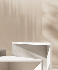 Two white minimal geometric shape podium, reeded fluted glass partition in dappled sunlight for modern, elegant, luxury fashion, beauty, cosmetic, skincare, body care, product background 3D