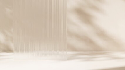 Obraz premium Clean fluted reeded glass in dappled sunlight, tree leaf shadow on white floor for modern, elegant, luxury fashion, beauty, cosmetic, skincare, body care, product background 3D