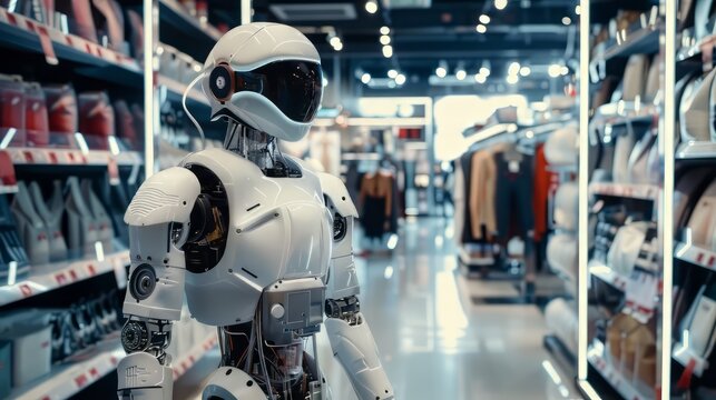 A robot is standing in a store aisle. The robot is white and has a helmet on