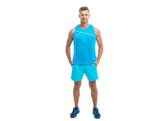 glad athlete wearing sport wear standing alone. The male sport athlete posing on studio. sport athlete with fit body isolated against white. Sport and healthy lifestyle. full length of athlete