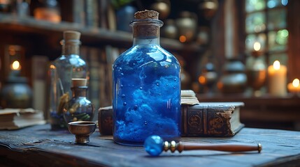 Blue Potion spell bottles with magic book and wand fantasy magic illustration - obrazy, fototapety, plakaty
