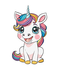Cute sitting smiling baby unicorn with colorful mane and tail, fantasy pony character, magical animal for stickers, prints. Magic children's cartoon vector poster.