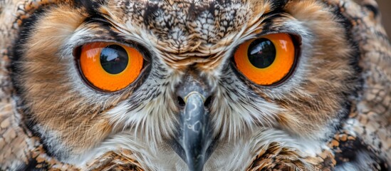 An up-close view of an owl showcasing vivid orange eyes and intricate feather details