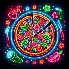Pizza with pepperoni with neon colors