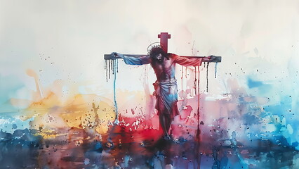 Watercolor painting of the Crucifixion of Jesus Christ on the crucifix cross before ascending to Heaven to be with God, Generative AI