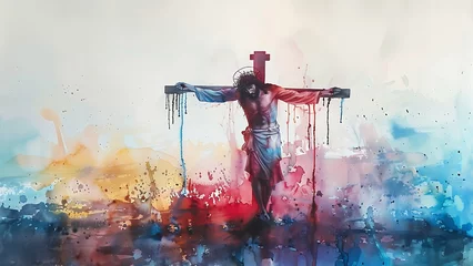 Foto op Plexiglas Watercolor painting of the Crucifixion of Jesus Christ on the crucifix cross before ascending to Heaven to be with God, Generative AI © chocoloki
