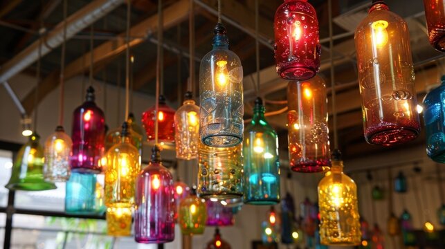 Hanging from the ceiling are unique chandeliers made from repurposed glass bottles each one filled with colorful LED lights. The lights are powered by a small but efficient biofuel .