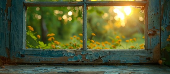 A close-up view of a window through which a picturesque field of colorful blossoms can be seen