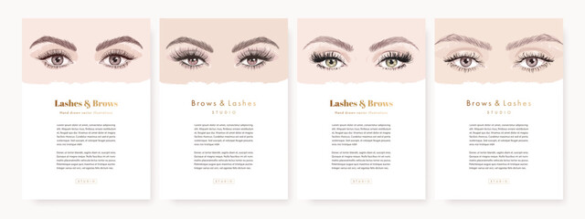 Lashes and brows beauty studio poster design set. Flyer or web banner template collection with hand drawn female makeup open eye. Vector illustration