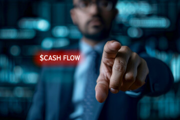 A businessman in a dark blue suit points at cash flow notification sign . Generative AI