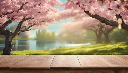 A painting of a cherry blossom tree on a wooden table - obrazy, fototapety, plakaty