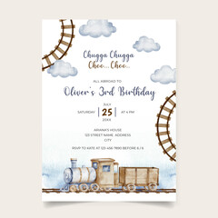 Birthday Invitation Card Template with Watercolor Wooden Train Theme © R&A Studio