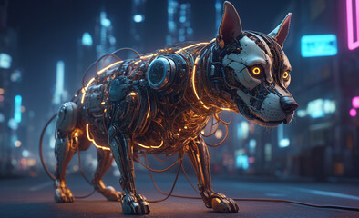 mechanical dog with many electric wires, detailed face, a mechanical eye, dynamic angle, intricate details