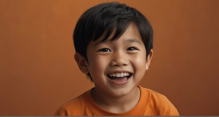 young asian child boy on plain bright orange background laughing hysterically looking at camera background banner template ad marketing concept from Generative AI