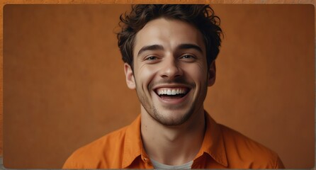 young british man on plain bright orange background laughing hysterically looking at camera background banner template ad marketing concept from Generative AI - obrazy, fototapety, plakaty