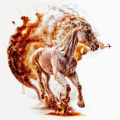 Running horse in red fire on white background. Generative AI