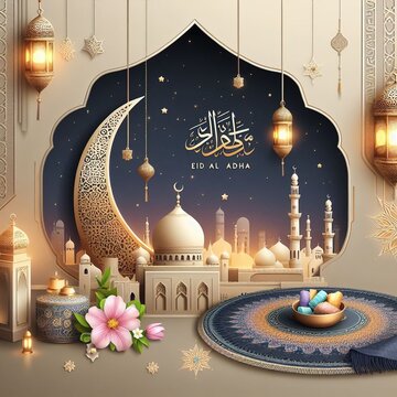 Eid al adha, eid greeting post or banner, eid al adha mubarak realistic photo generative by ai 