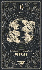 Pisces zodiac sign, vintage hand drawing, graphic modern astrology card, horoscope on black background with sun and moon. Element of water.