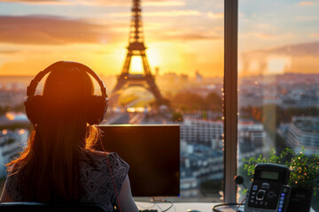 Woman podcaster recording audio podcast on Eiffel tower Paris background. Generative Ai