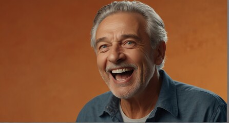young deutsch elderly man on plain bright orange background laughing hysterically looking at camera background banner template ad marketing concept from Generative AI