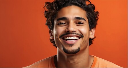 young hispanic man on plain bright orange background laughing hysterically looking at camera background banner template ad marketing concept from Generative AI