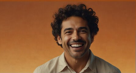 young hispanic middle aged man on plain bright orange background laughing hysterically looking at camera background banner template ad marketing concept from Generative AI