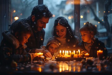 The cozy atmosphere of celebrating Hanukkiah with family in an apartment against the backdrop of a menorah.