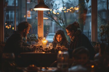 The cozy atmosphere of celebrating Hanukkiah with family in an apartment against the backdrop of a menorah.