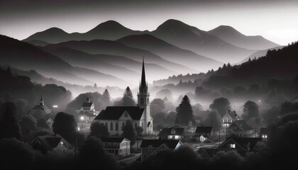 Mystical Fog Envelops a Vermont Village at Dawn - Black and White Photo of a Church Spire Rising Above Misty Hills and Sleeping Houses in a Picturesque Mountain Setting - obrazy, fototapety, plakaty