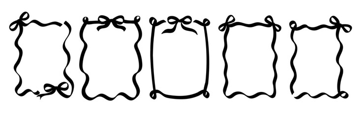 Silhouette of wavy border frames with bow. Set of simple elegant hand drawn illustrations of bow borders. Hand Drawn black frames with ribbons
