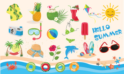 Summer vector set. Summer element collection. Summer holiday beach. Cartoon flat vector isolated on white bạckground