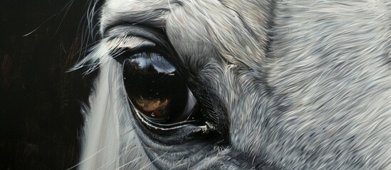 Close-up artistic representation of a horse's eye in a painting, set against a solid black background, showcasing intricate details and colors - obrazy, fototapety, plakaty