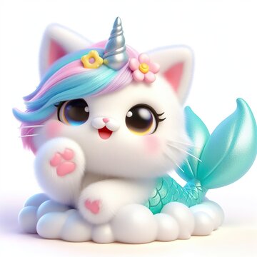 Fluffy 3D image of mermaid caticorn, very cute, kawaii, smiling and wawing her paw, white background