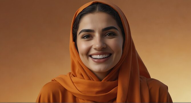 young middle eastern elderly woman on plain bright orange background laughing hysterically looking at camera background banner template ad marketing concept from Generative AI