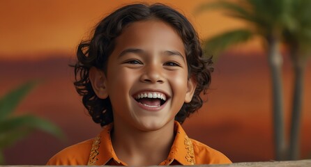 young native hawaiian child boy on plain bright orange background laughing hysterically looking at camera background banner template ad marketing concept from Generative AI