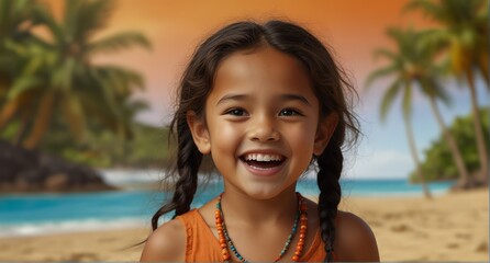 young native hawaiian child girl on plain bright orange background laughing hysterically looking at camera background banner template ad marketing concept from Generative AI - obrazy, fototapety, plakaty