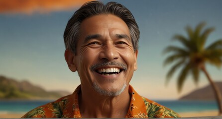 young native hawaiian elderly man on plain bright orange background laughing hysterically looking at camera background banner template ad marketing concept from Generative AI