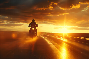 rider riding a motorcycle down a highway in sunset,  yellow and orange light effect , clouds in sky...