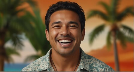young native hawaiian middle aged man on plain bright orange background laughing hysterically looking at camera background banner template ad marketing concept from Generative AI - obrazy, fototapety, plakaty