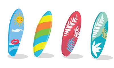 Surfboard vector set in tropical design. Surfing board or surfboard clip art. Hello summer concept. Summer element. Cartoon flat vector isolated on white background.